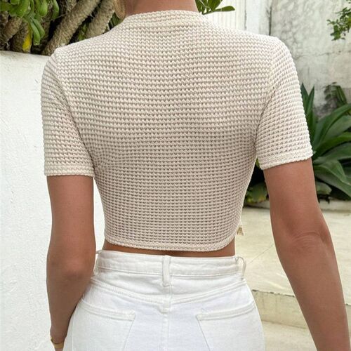2025 Slim-fit Round Neck Design Wave Tassel Hem Short T-shir
