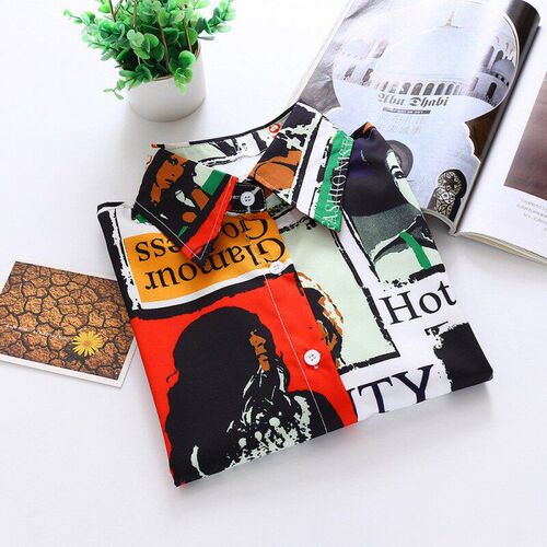 Fashion Blouse Women Vintage Cartoon Print Lapel Shirt Loose
