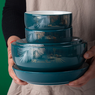 家有儿女绿色泡面碗家用陶瓷大碗汤碗复古大号汤盆学生宿舍拉面碗