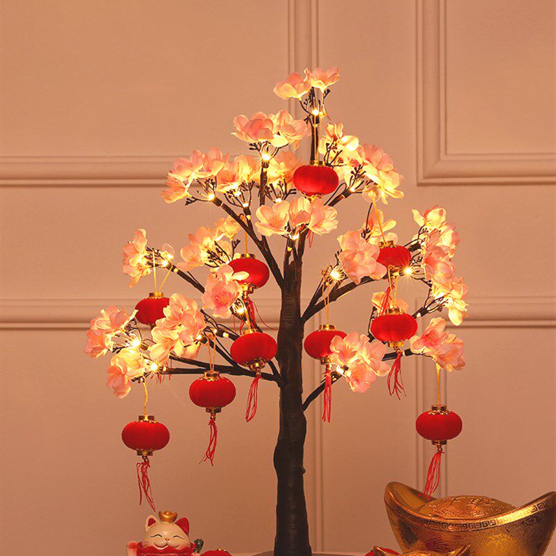 元旦春节新年装饰品桃花树摆件带灯发光树室内桌面柜台节日装扮