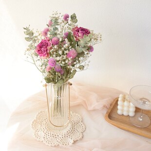 真花风干玫瑰满天星尤加利叶花束带花瓶插花卧室书房桌面装饰摆件