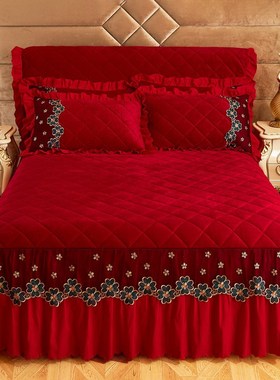 大红法莱绒床裙三件套冬季加厚保暖珊瑚绒防滑床罩单件全包床头罩