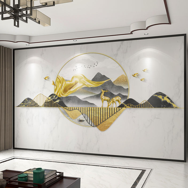 墙纸定制3d立体中式麋鹿山水电视背景墙壁纸客厅壁布卧室墙布壁画