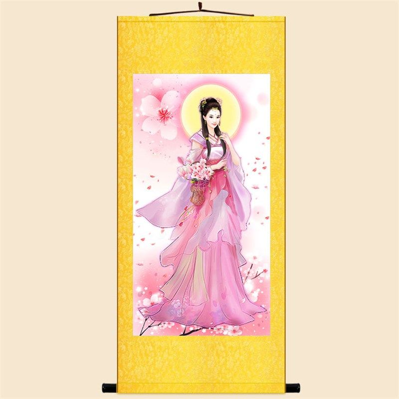 桃花仙子图 花神仙女画像 中式复古客厅书房装饰画 绢布卷轴挂画