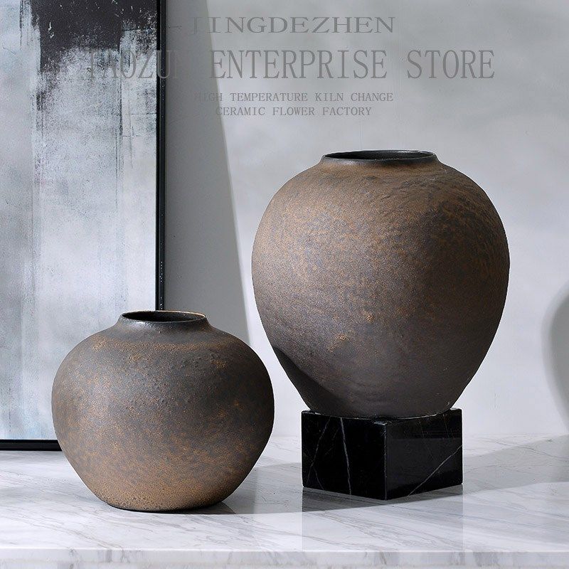 中式复古侘寂风古铜色陶罐花瓶客厅落地陶瓷摆件酒店样板间装饰品,家居饰品,花瓶,淘宝优惠券,粉丝福利购,淘宝优惠卷