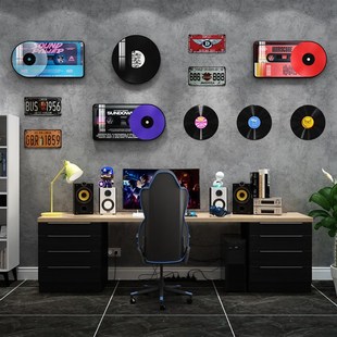 工业风电竞房间装饰画电视沙发背景墙壁挂画酒吧清吧黑胶唱片壁画