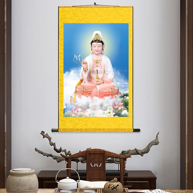 观音画像南海观世音菩萨卷轴画观音坐像家用佛堂供奉丝绸装饰挂画