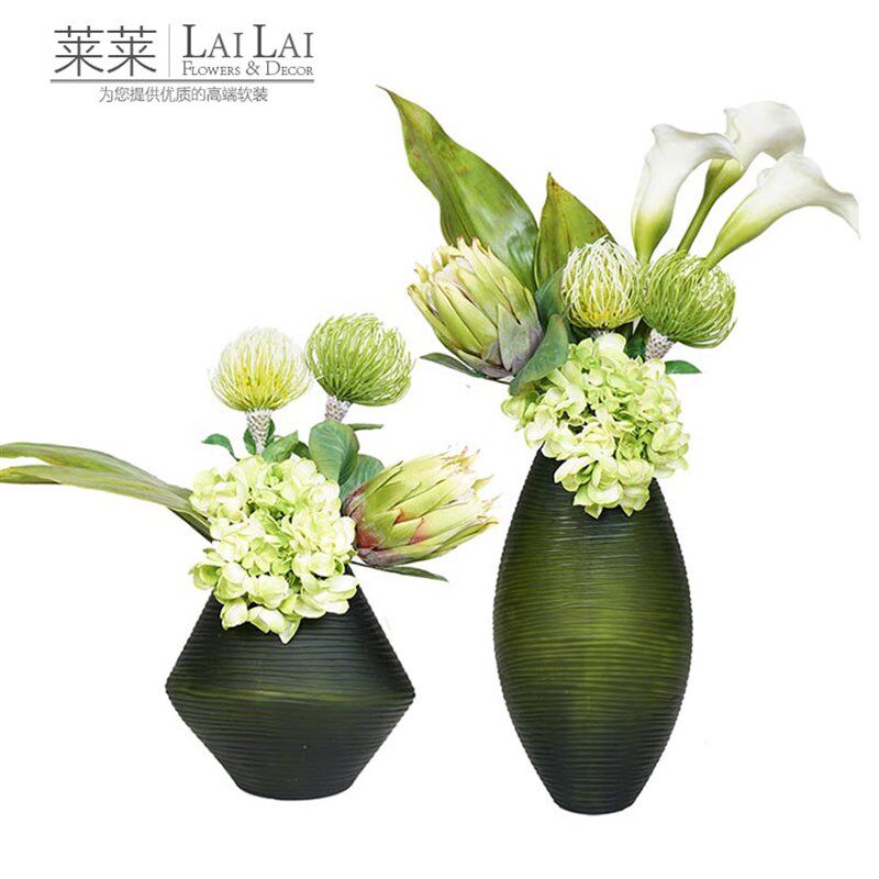 刻磨玻璃花瓶白绿色仿真花艺套装售楼处样板房客厅餐桌装饰品摆件