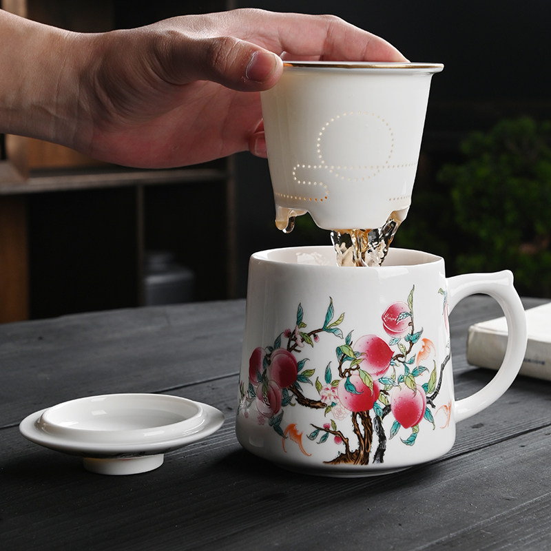 茶杯茶水分离陶瓷过滤杯子带盖三件杯大容量水杯办公室泡茶杯