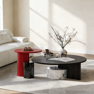 意式极简设计师复古客厅圆形矮桌艺术小户型高级感侘寂风茶几组合