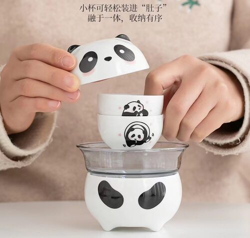 熊猫旅行茶具套装便携式快客杯户外露营随身茶壶茶杯成都纪念品