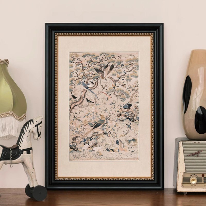 百鸟图玄关装饰画2024年新款高档复古中古风壁画客厅挂画背景墙画