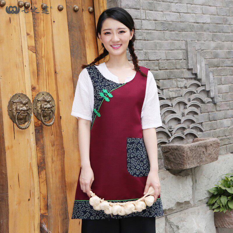 七之莲蓝印花中式餐厅复古民族风农家乐饭店服务员工作服围裙定制