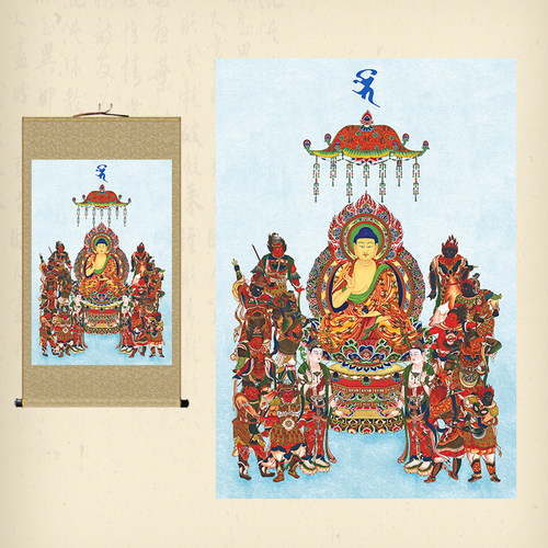东方三圣药师佛菩萨画像十二药叉神将挂画家用结缘装饰丝绸卷轴画
