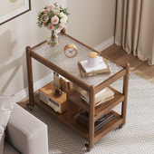 推拉茶几中古风小推车复古边几客厅置物可移动沙发旁家用玻璃带轮