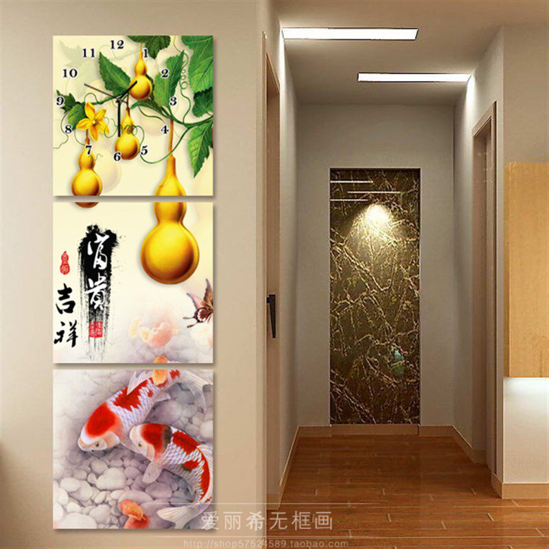 现代客厅玄关无框画钟表r 竖挂走廊三联冰晶玻璃画艺术挂钟郁金香