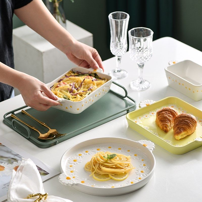 小清新双耳烤盘陶瓷烤箱专用器皿小雏菊长方形盘子芝士焗饭盘餐具