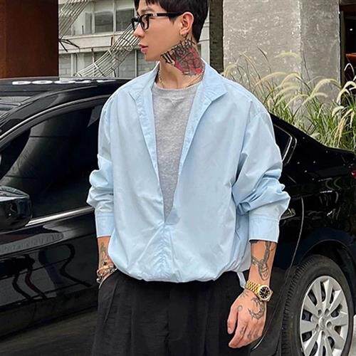 新贵老钱风假两件衬衫男夏季英伦雅痞男装防晒衬衣痞帅高级感外套