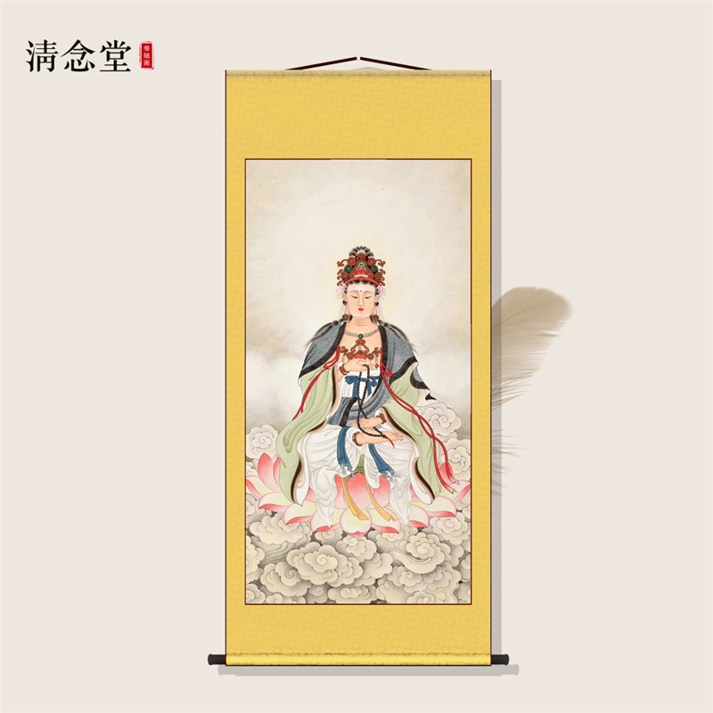 圆光观音结缘画像佛家观世音菩萨神像挂画客厅家用供奉丝绸装饰画