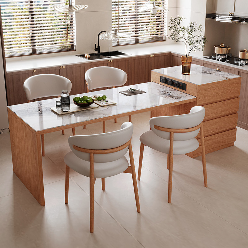 橡木定制实木岛台餐桌一体家用可伸缩小户型餐边吧台柜岩板饭桌椅