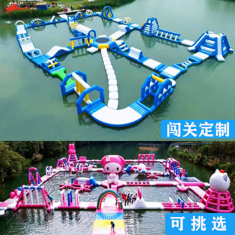 跨境大型充气水上闯关设备户外海上漂浮障碍冲关滑梯水上乐园厂家图片
