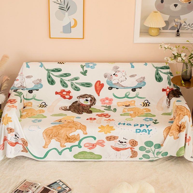 卡通奶狗沙发盖布四季用加厚绒毯子可爱全包防尘罩新款20盖巾,居家布艺,沙发垫,淘宝优惠券,粉丝福利购,淘宝优惠卷