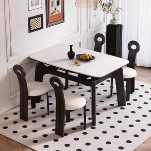 简约奶油风岩板复古实木餐桌椅小户型餐厅方圆两用饭桌可伸缩