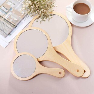 Round Wood Vintage Hand Mirror Makeup Vanity Mirror Portable