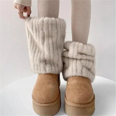 Women Thickened Imitation Mink Fur Plush Leg Warmers Boots C
