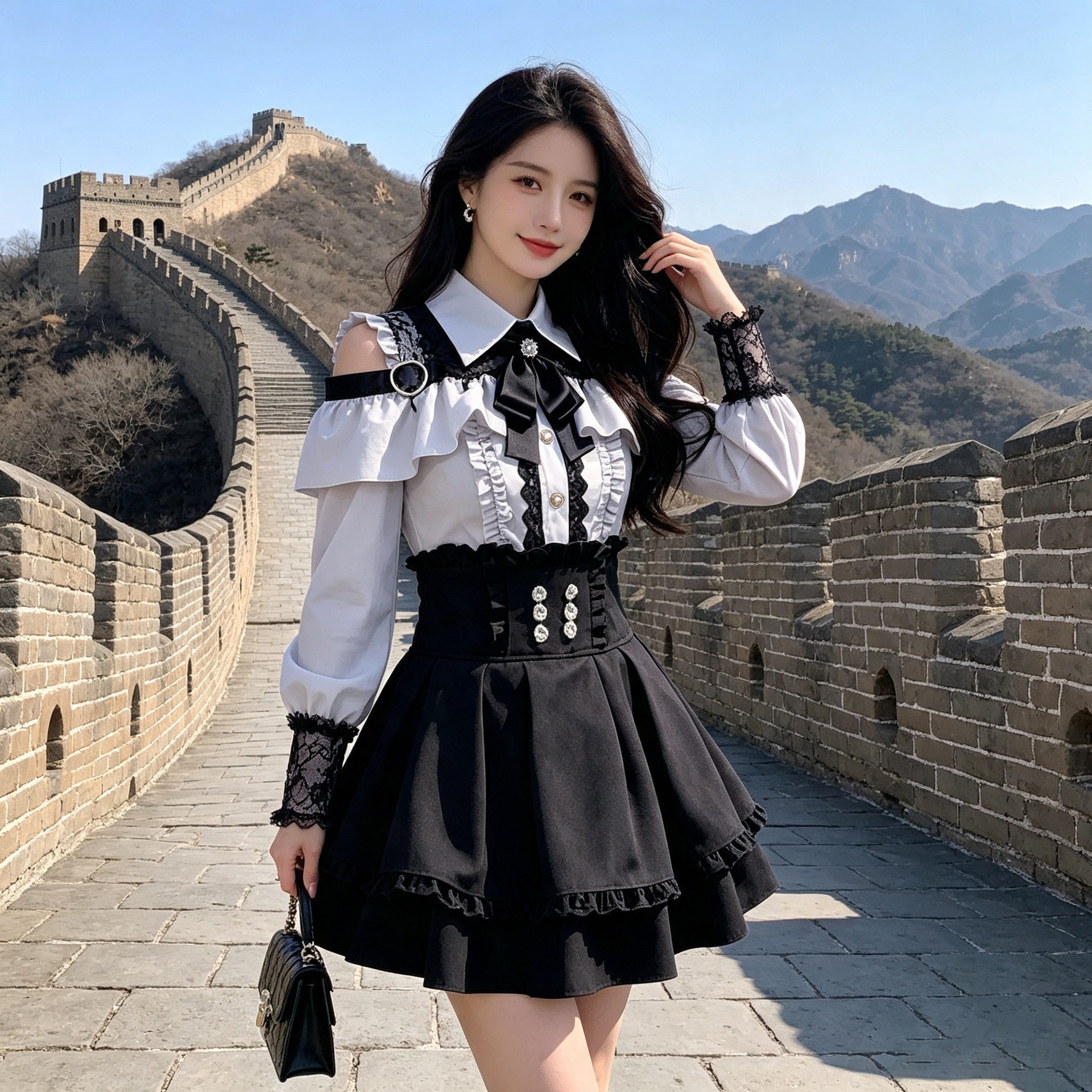 暗黑雷系穿搭春秋亚文化甜心邂逅jk制服日系露肩衬衫高腰半身裙子