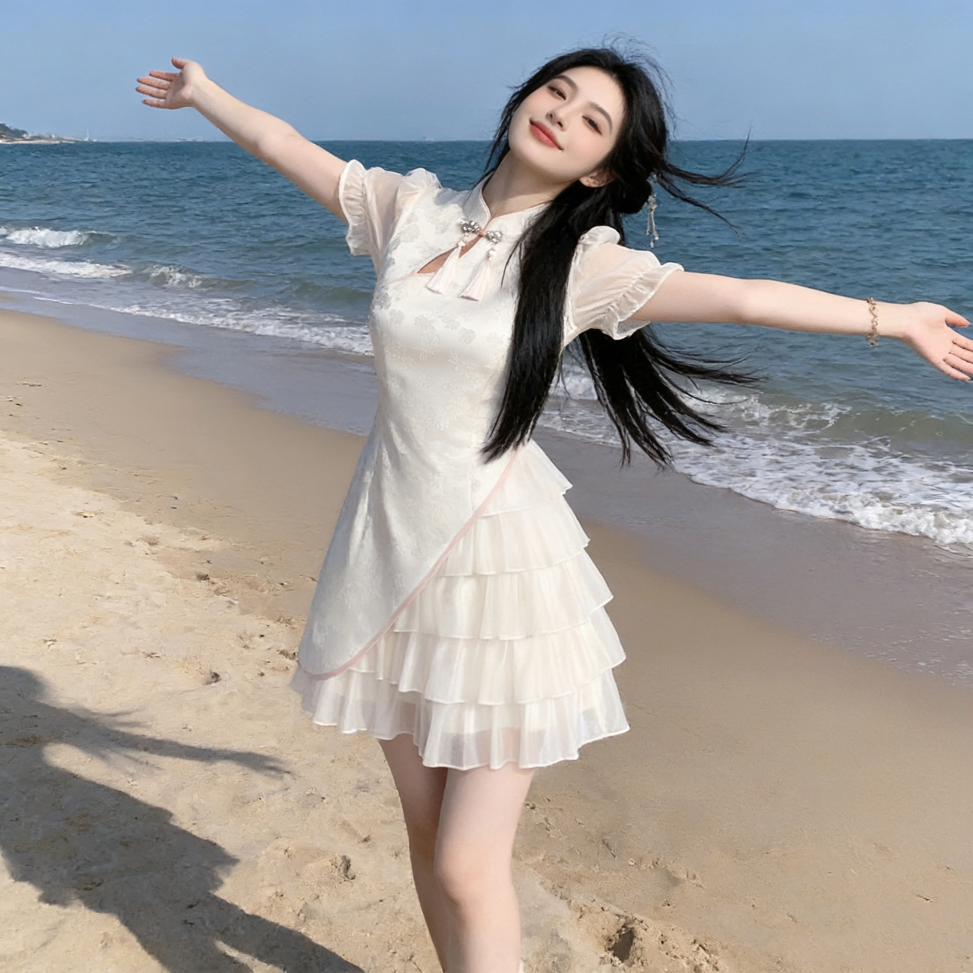 高品质加内里新中式国风盘扣旗袍连衣裙女夏收腰小个子甜美蛋糕裙