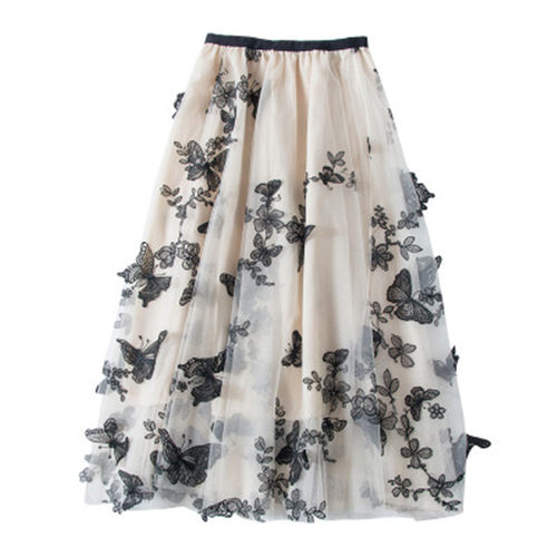 Long Tulle Skirt Women Vintage Butterfly Embroidery Elastic