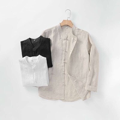 Linen Mens Chinese Style Collar Linen Shirt Casual Button L
