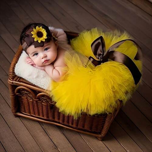Sunflower Newborn Baby Tutu Bow Skirt and Headdress Set - Ad