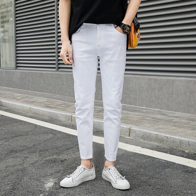 2025 Mens Elastic White Jeans Slimfit Ninepoint Pants for Bo