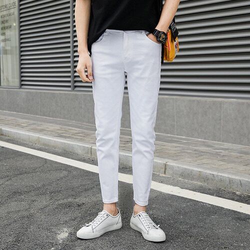 2025 Mens Elastic White Jeans Slimfit Ninepoint Pants for Bo