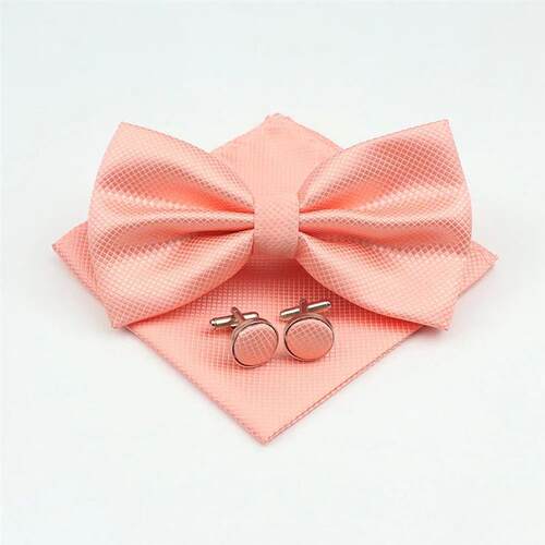 Mens Formal Solid Color Polyester Bowtie Pocket Square Cuffl