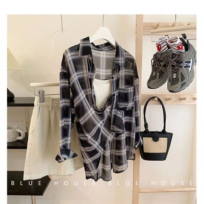 2024 New Red Black Checkered Long Sleeve Sunscreen Shirt for