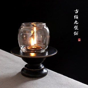 手作陶瓷油灯复古烛台中式玻璃灯罩煤油灯酥油灯座茶道茶空间摆件