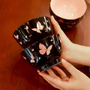 Black Pink Butterfly Bowls Wide Rim Ceramic Set