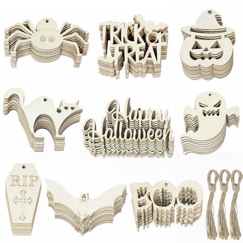 10pcs Halloween Wooden Pendant Bat Spider Pumpkin Snowflake