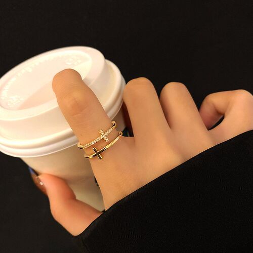Silver Color Double Cross Flashing Zircon Open Rings for Wom
