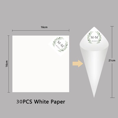 30Pcs Personalized Wedding Cones,White Paper Size 16x16cm ,C