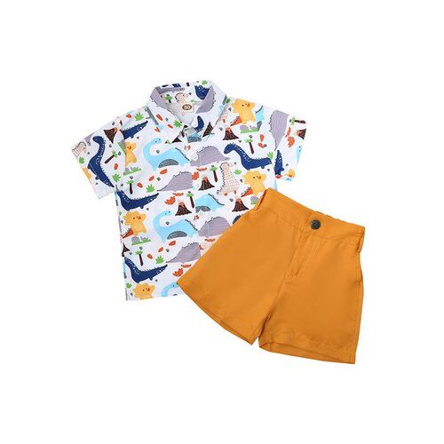 Dinosaur Shirt Set Short Sleeves Shorts Yellow Green Solid S