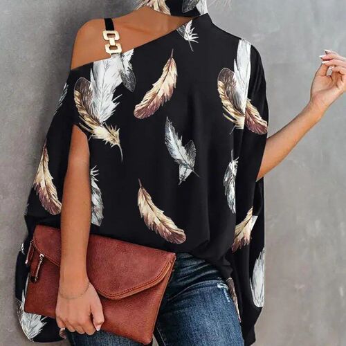 Summer 2025 Printed Shirt with Batwing Sleeves and Neckline