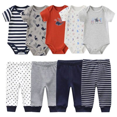 Unisex 6/9/10Pieces Cotton New Born Bodysuits+Pants Baby Gir