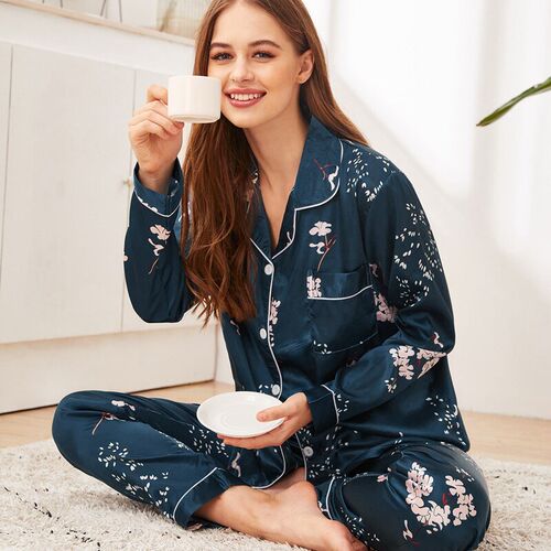 Lente Zomer Pyjama Dames Zijde Satijnen Pyjama Set Lange Mou