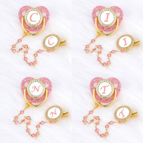 Pink Zircon Luxury Baby Pacifier Clip 26 Letters Newborn Per