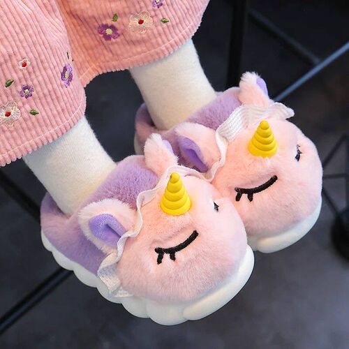 New Winter Kids Plush Slippers Cartoon Unicorn Childrens In