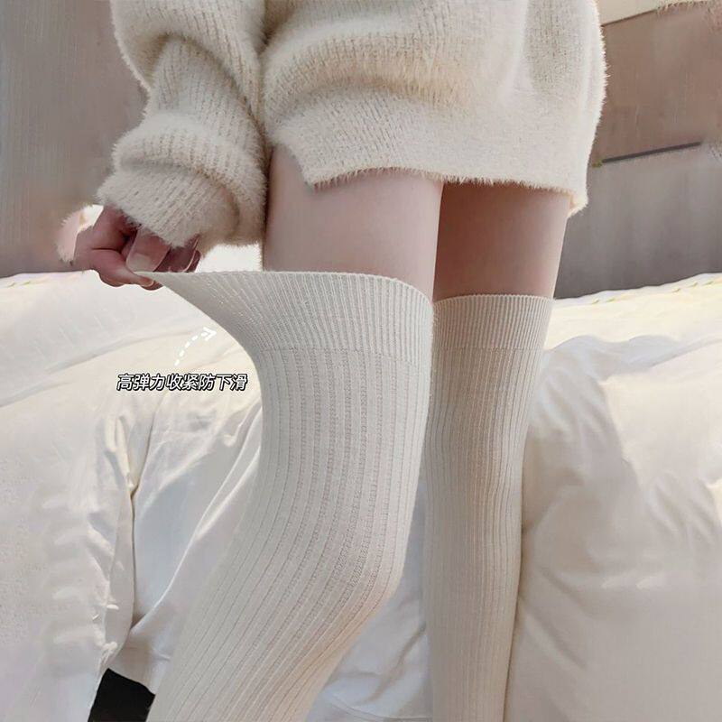 秋冬款保暖过膝袜纯棉袜女厚袜子日系长袜冬天高筒防滑纯色长筒袜